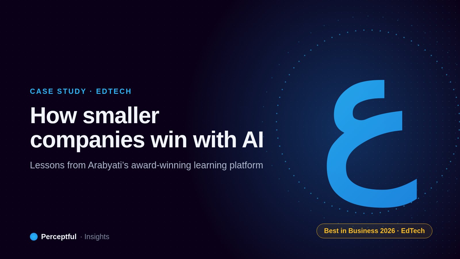 Arabic letter ain in blue on a dark background, with a Best in Business 2026 EdTech badge