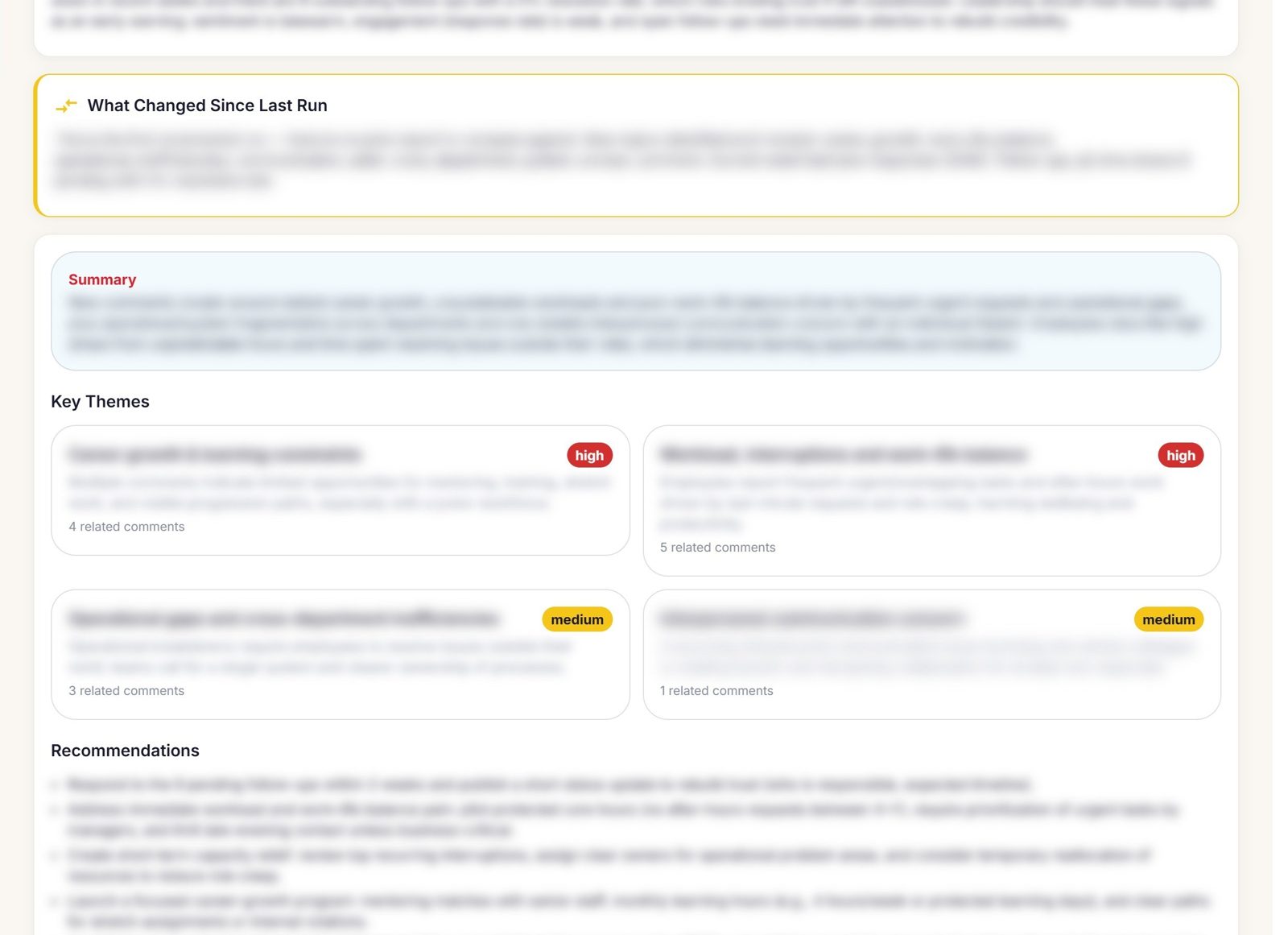 Screenshot of the key themes section with severity badges and a list of recommendations, with all text blurred