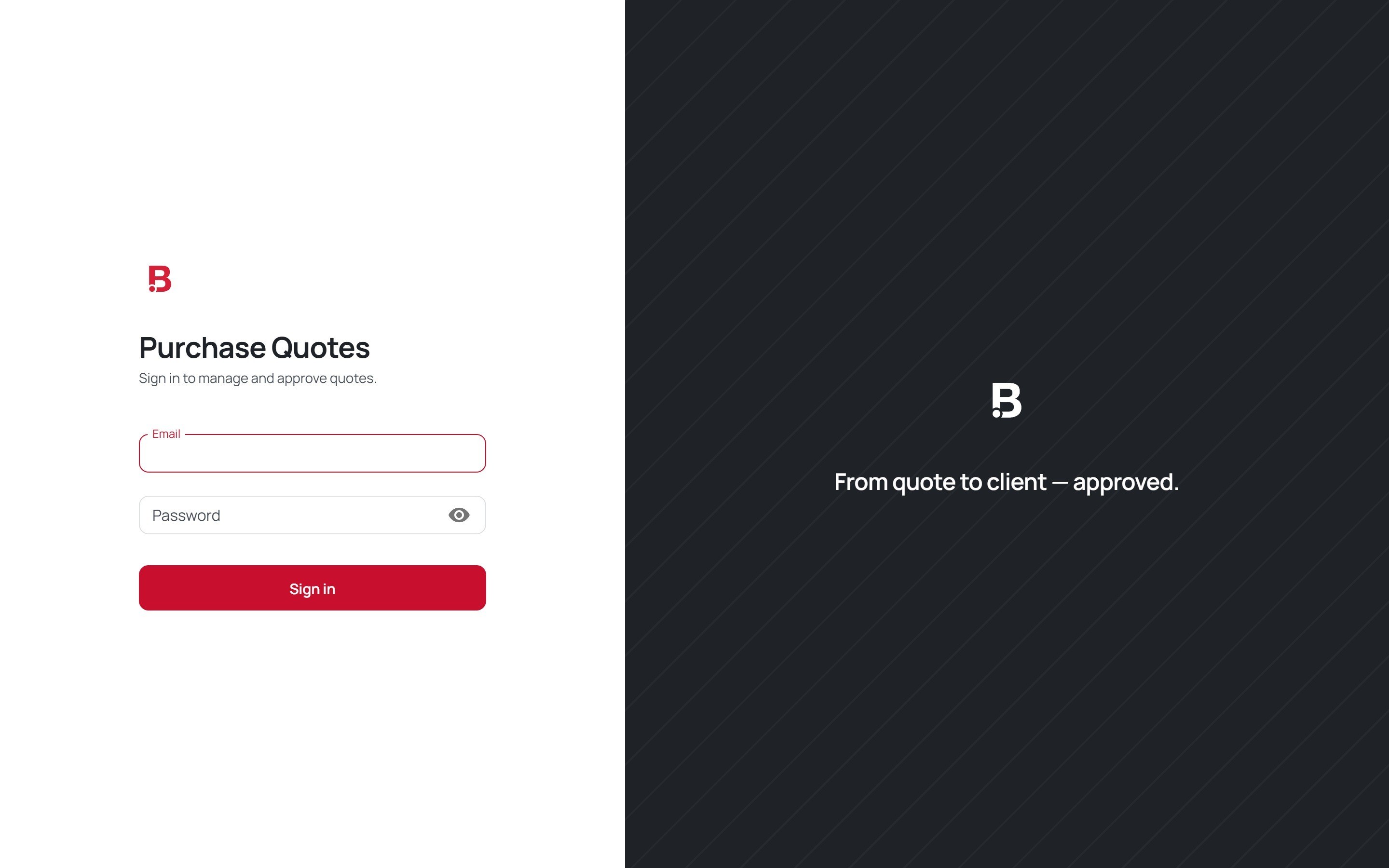 Purchase Quotes sign-in screenshot with private details redacted